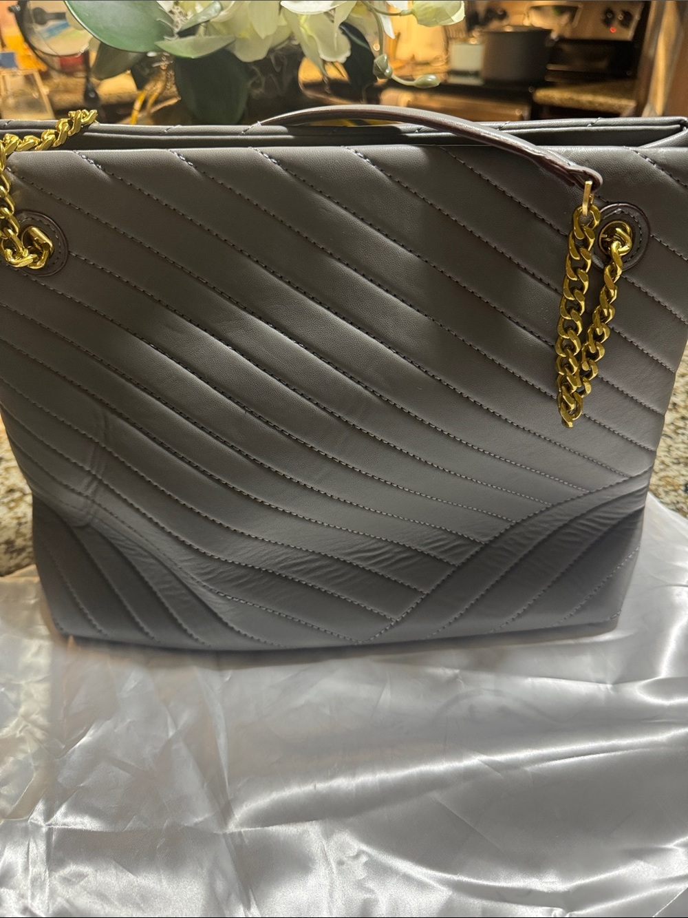 Tory Burch Quilted Shoulder Tote in Gray with Gold Hardware - Picture 3 of 4